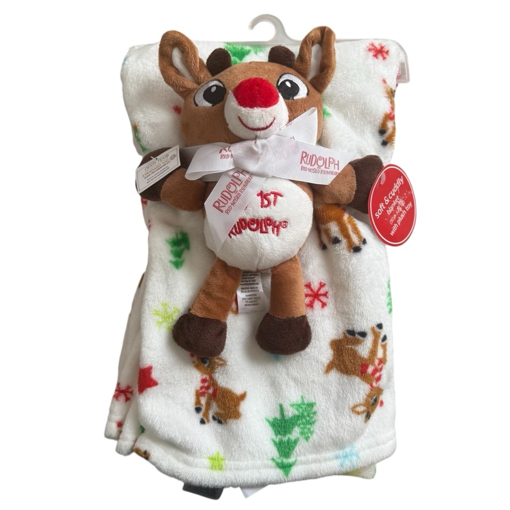 MY 1ST RUDOLPH Christmas Reindeer & Plush Toy Blanket Set Rudolph Trees Snow NWT